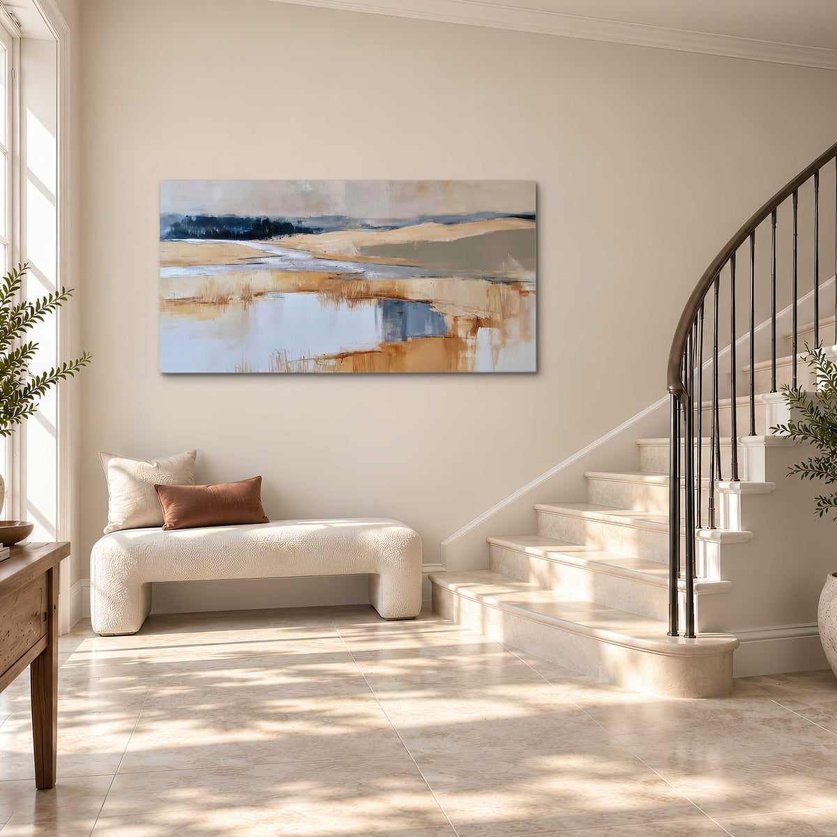 Soft horizontal bands of blue, ochre and ivory suggesting a reflected marsh landscape single canvas wall art styled in an interior
