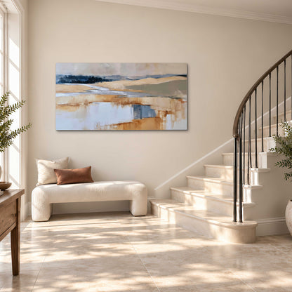 Soft horizontal bands of blue, ochre and ivory suggesting a reflected marsh landscape single canvas wall art styled in an interior