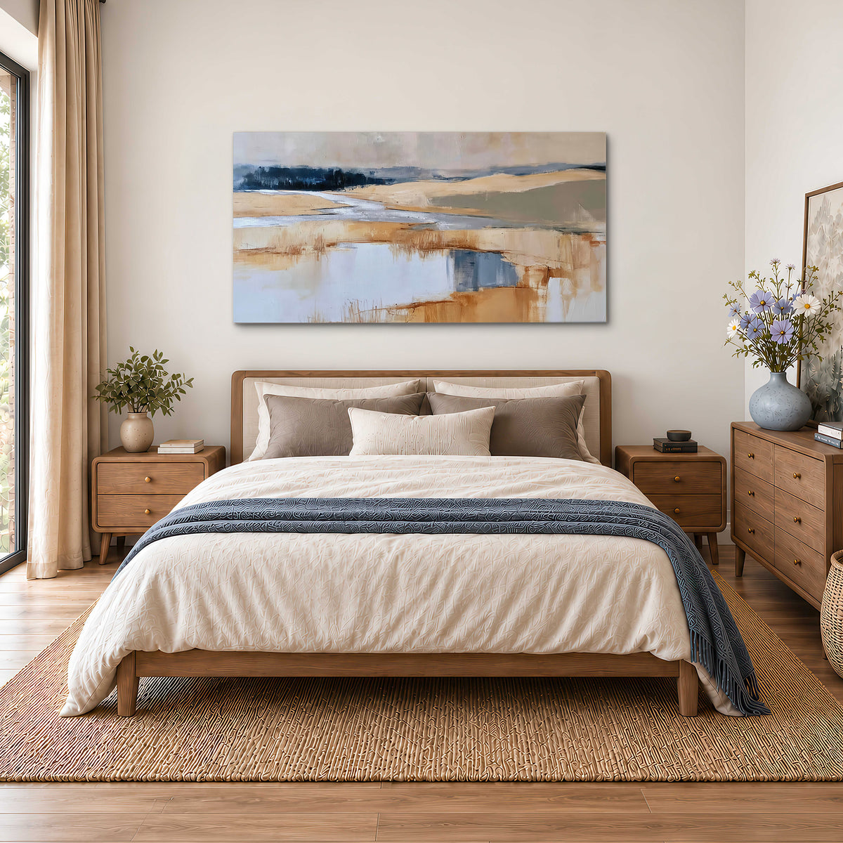 Soft horizontal bands of blue, ochre and ivory suggesting a reflected marsh landscape single canvas wall art styled in an interior