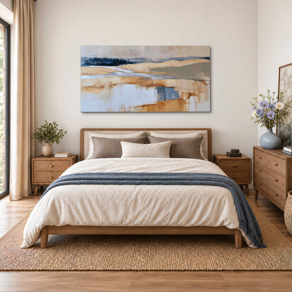 Soft horizontal bands of blue, ochre and ivory suggesting a reflected marsh landscape single canvas wall art styled in an interior