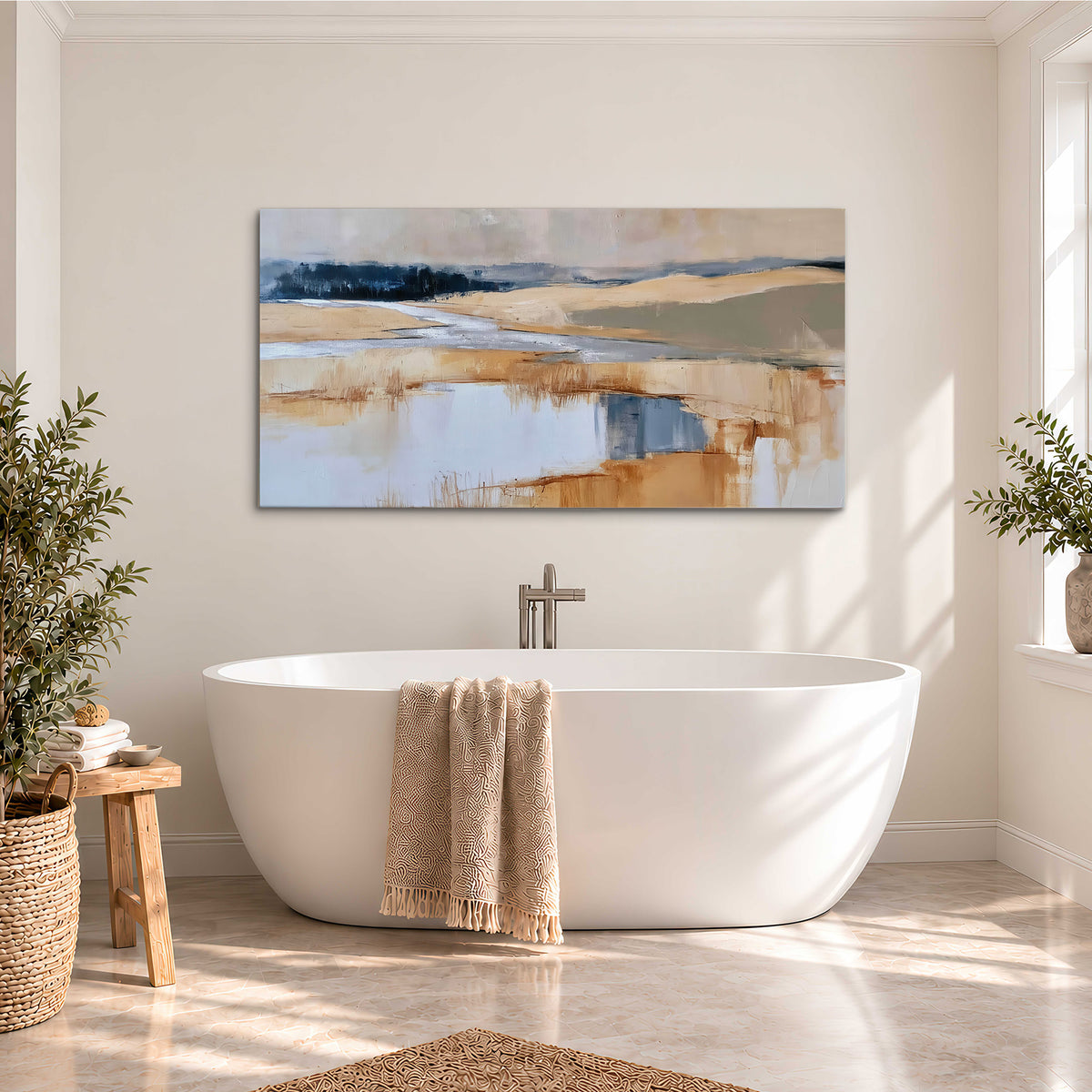 Soft horizontal bands of blue, ochre and ivory suggesting a reflected marsh landscape single canvas wall art styled in an interior
