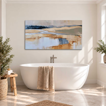 Soft horizontal bands of blue, ochre and ivory suggesting a reflected marsh landscape single canvas wall art styled in an interior