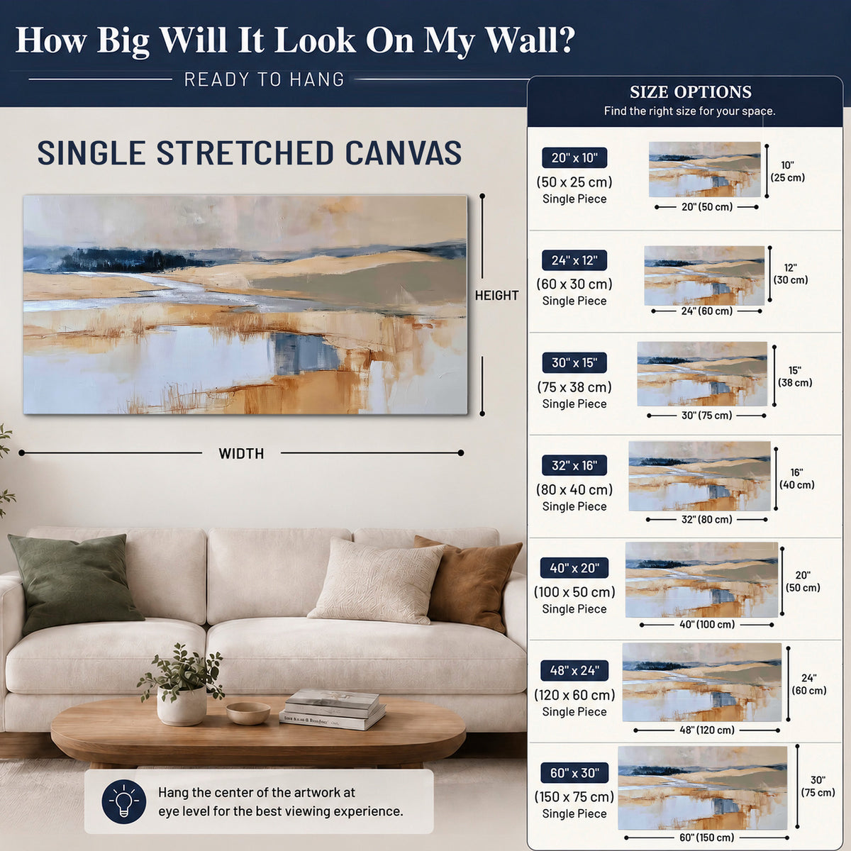 Soft horizontal bands of blue, ochre and ivory suggesting a reflected marsh landscape single canvas wall art size guide above a sofa; room view is illustrative