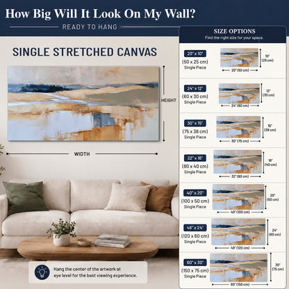 Soft horizontal bands of blue, ochre and ivory suggesting a reflected marsh landscape single canvas wall art size guide above a sofa; room view is illustrative