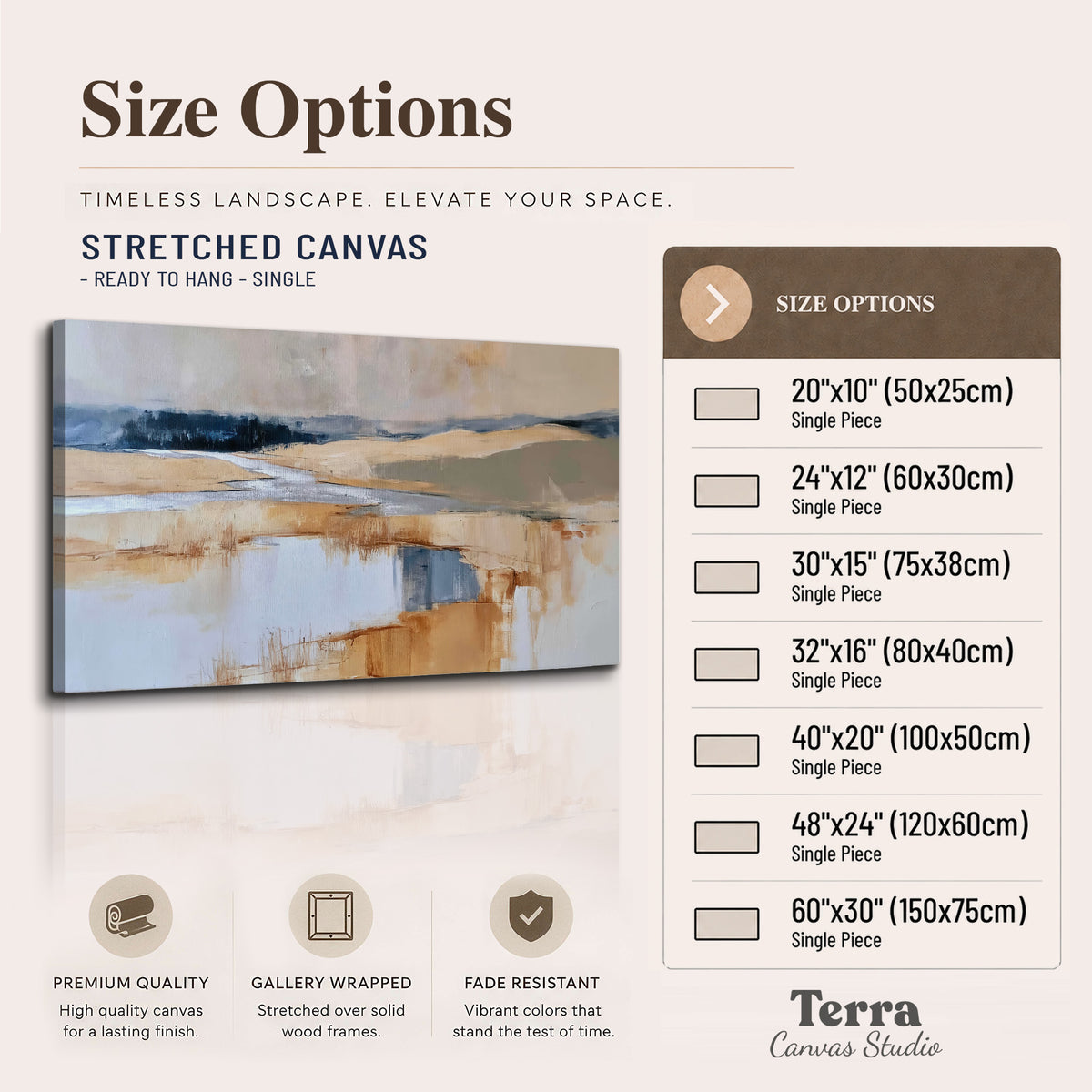 Soft horizontal bands of blue, ochre and ivory suggesting a reflected marsh landscape single canvas wall art available dimensions