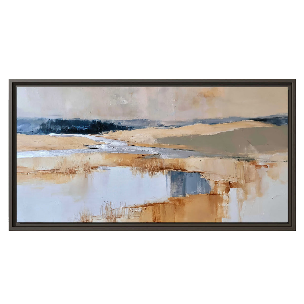 Soft horizontal bands of blue, ochre and ivory suggesting a reflected marsh landscape single framed canvas wall art viewed straight on