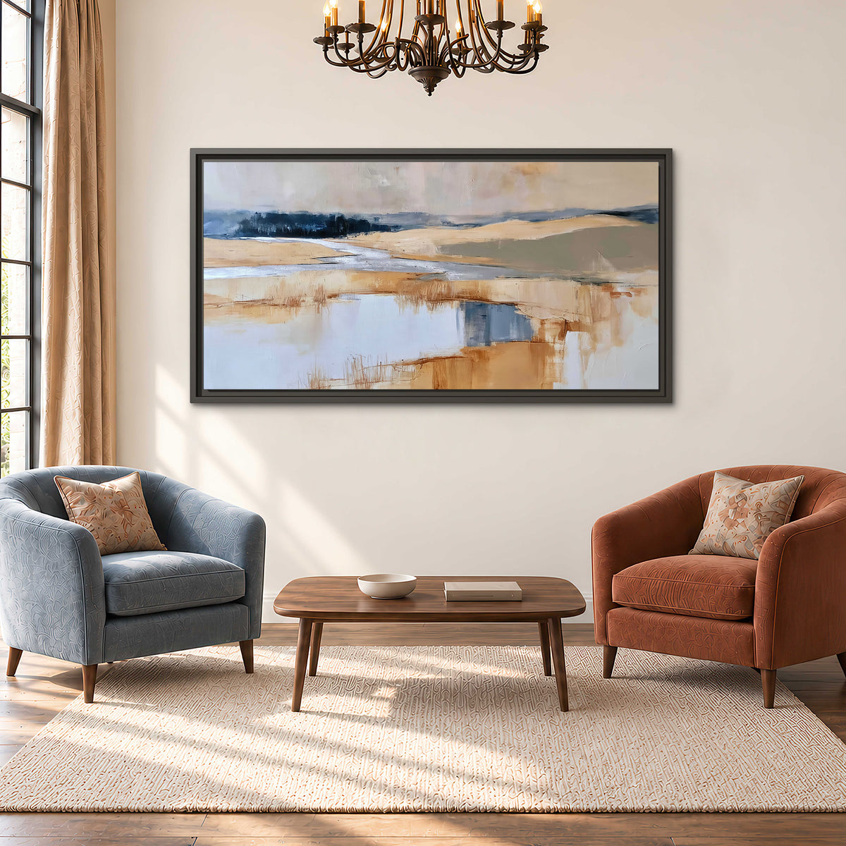Soft horizontal bands of blue, ochre and ivory suggesting a reflected marsh landscape single framed canvas wall art styled in an interior
