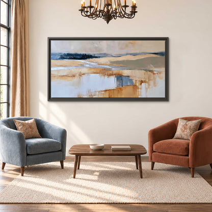 Soft horizontal bands of blue, ochre and ivory suggesting a reflected marsh landscape single framed canvas wall art styled in an interior