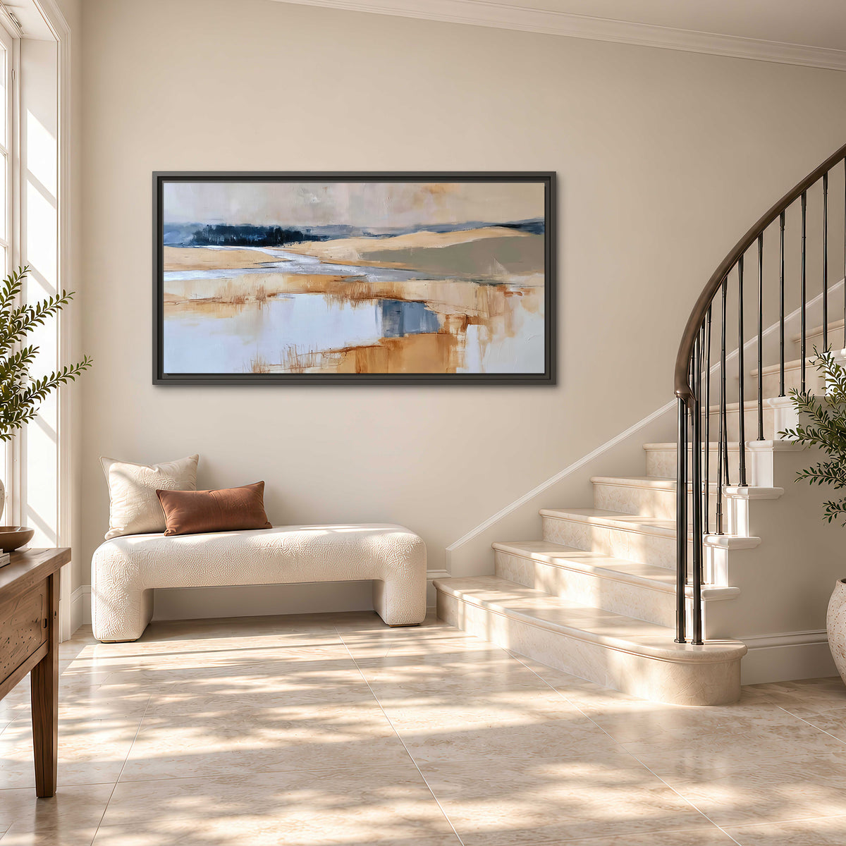 Soft horizontal bands of blue, ochre and ivory suggesting a reflected marsh landscape single framed canvas wall art styled in an interior