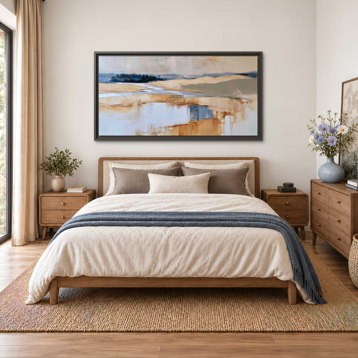 Soft horizontal bands of blue, ochre and ivory suggesting a reflected marsh landscape single framed canvas wall art styled in an interior
