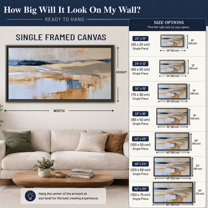 Soft horizontal bands of blue, ochre and ivory suggesting a reflected marsh landscape single framed canvas wall art size guide above a sofa; room view is illustrative