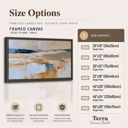 Soft horizontal bands of blue, ochre and ivory suggesting a reflected marsh landscape single framed canvas wall art available dimensions
