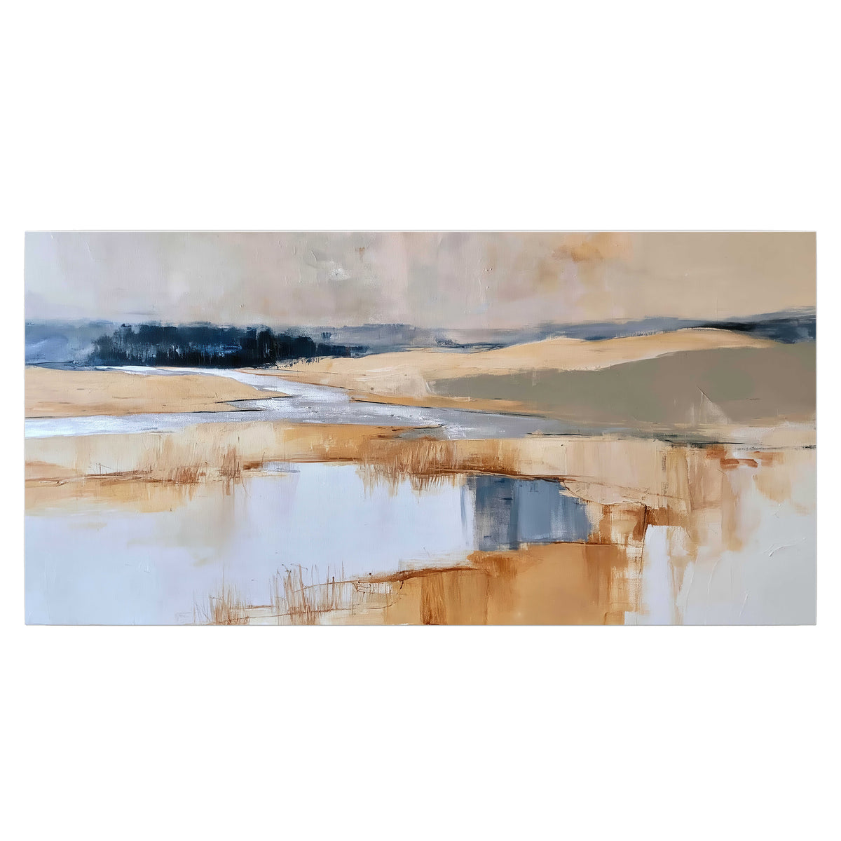 Soft horizontal bands of blue, ochre and ivory suggesting a reflected marsh landscape single poster print viewed straight on