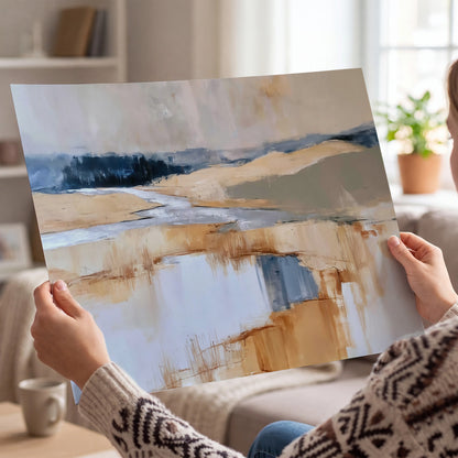Soft horizontal bands of blue, ochre and ivory suggesting a reflected marsh landscape single poster print held in hands