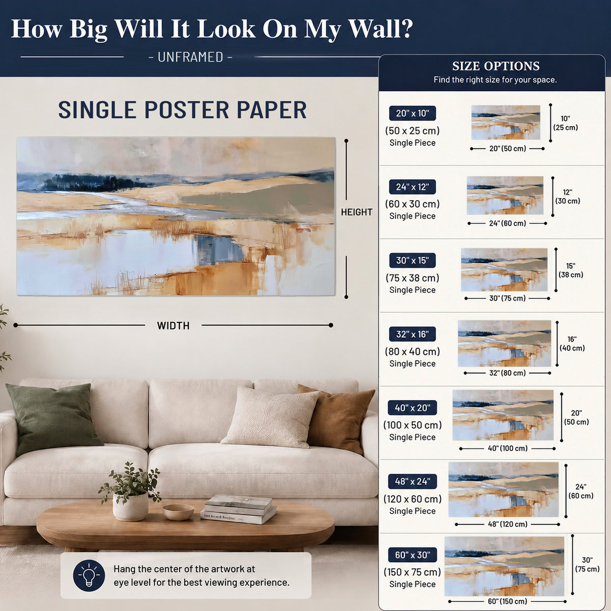 Soft horizontal bands of blue, ochre and ivory suggesting a reflected marsh landscape single poster print size guide above a sofa; room view is illustrative
