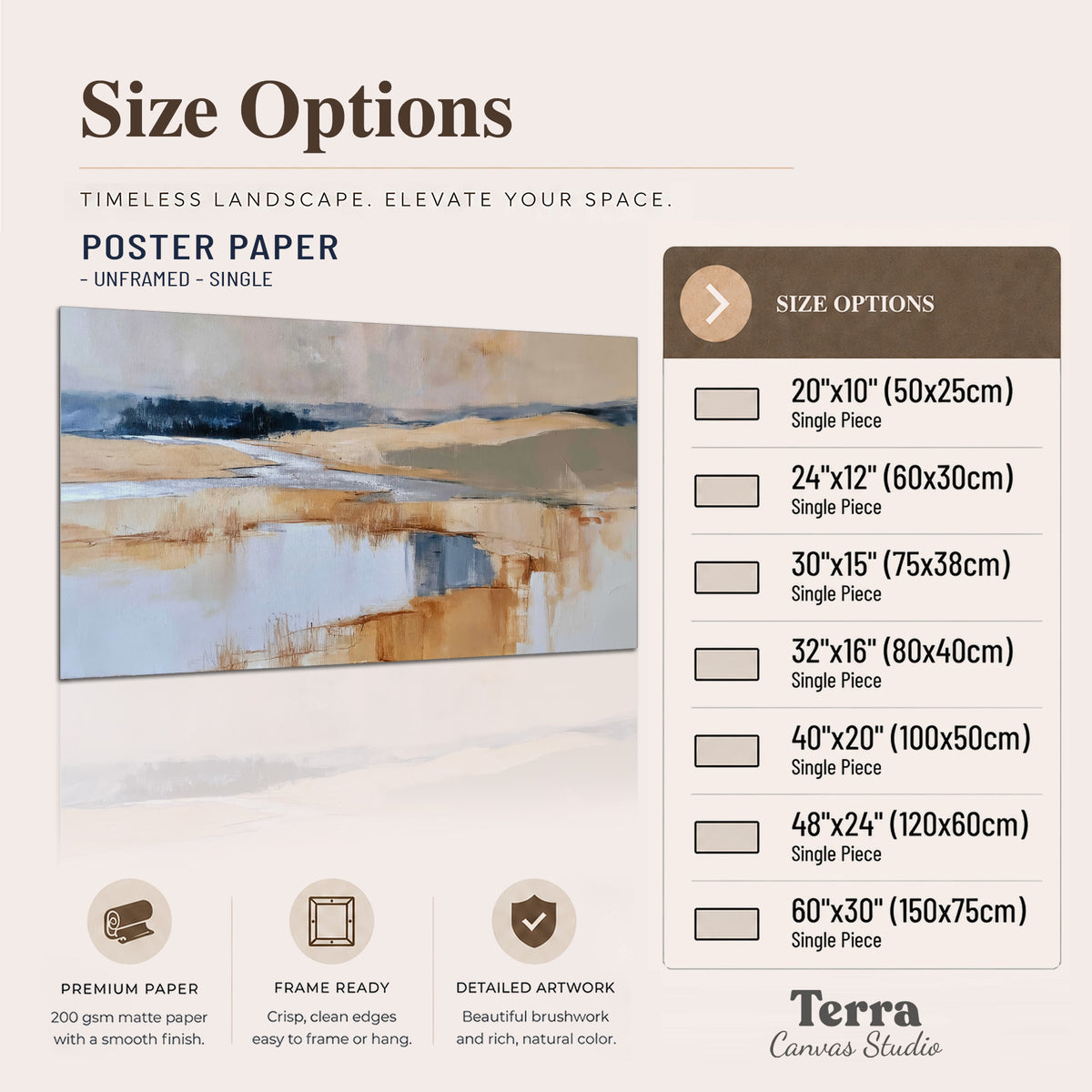 Soft horizontal bands of blue, ochre and ivory suggesting a reflected marsh landscape single poster print available dimensions