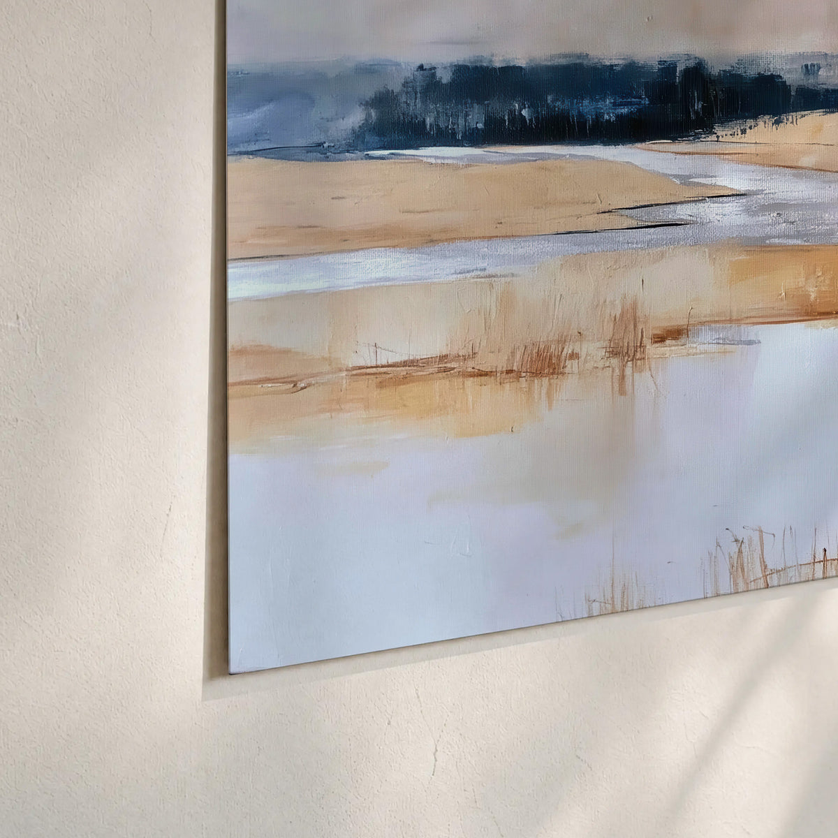 Soft horizontal bands of blue, ochre and ivory suggesting a reflected marsh landscape set of 3 poster prints material and edge close up