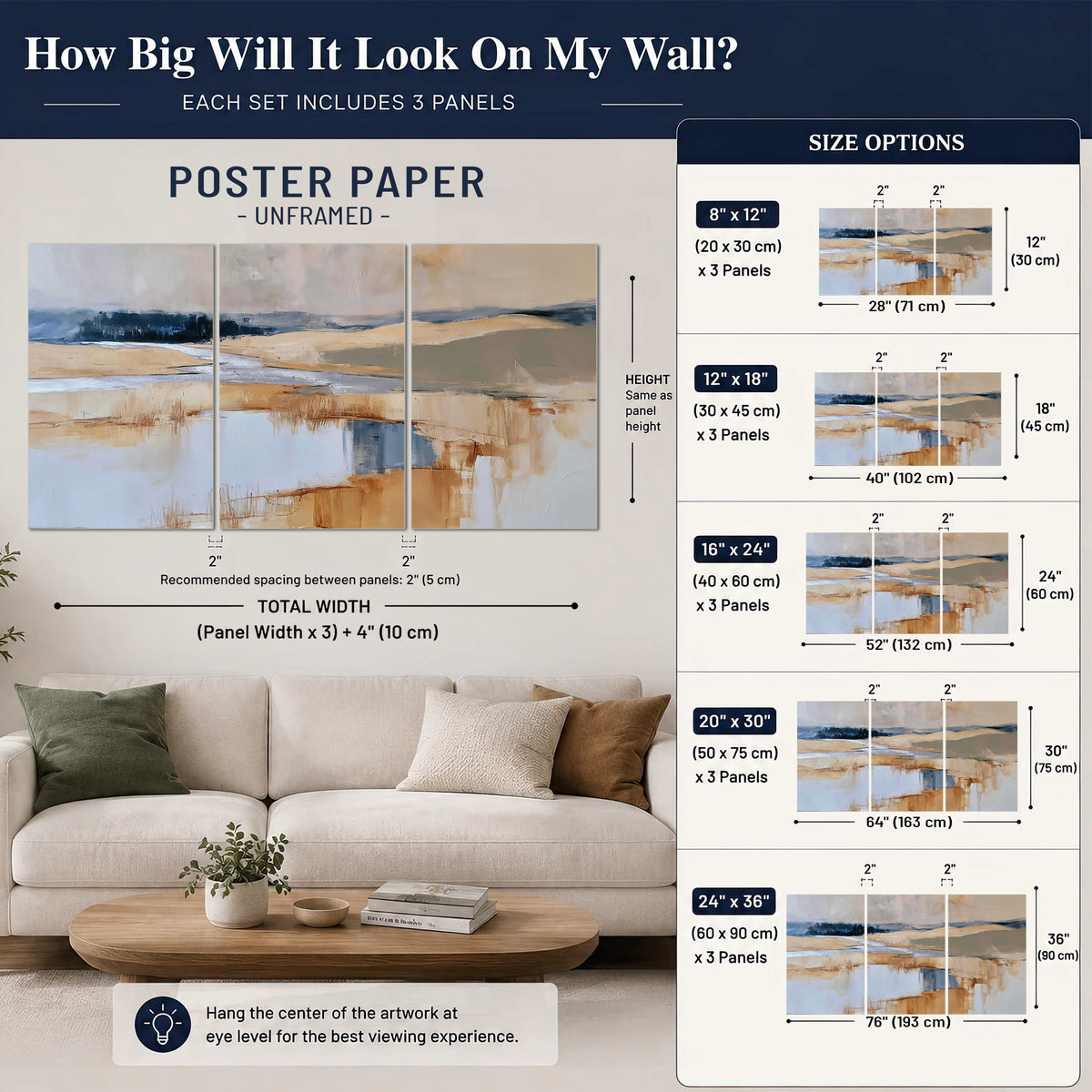 Soft horizontal bands of blue, ochre and ivory suggesting a reflected marsh landscape set of 3 poster prints size guide above a sofa; room view is illustrative
