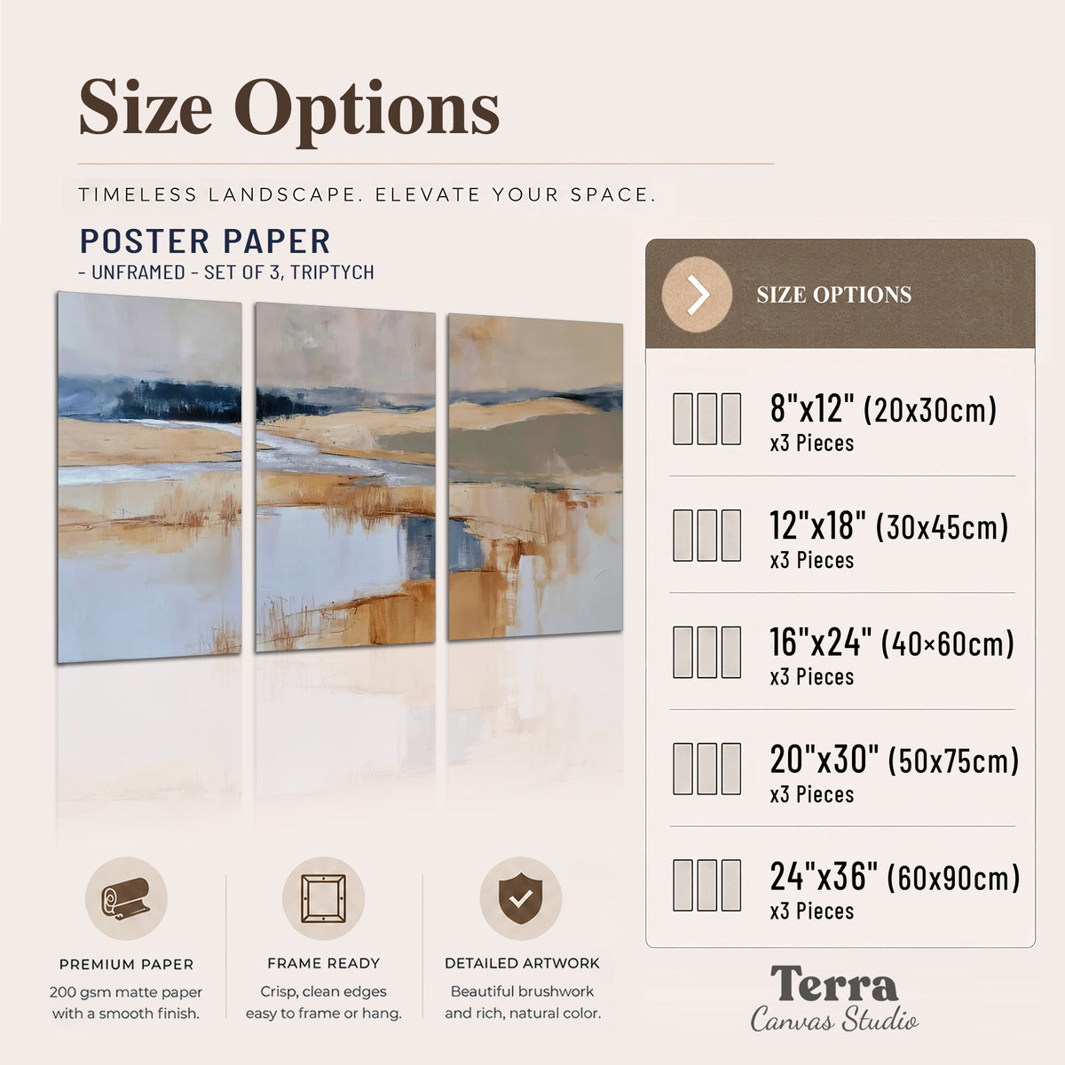 Soft horizontal bands of blue, ochre and ivory suggesting a reflected marsh landscape set of 3 poster prints available dimensions; triptych dimensions are per panel