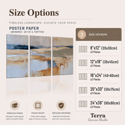 Soft horizontal bands of blue, ochre and ivory suggesting a reflected marsh landscape set of 3 poster prints available dimensions; triptych dimensions are per panel