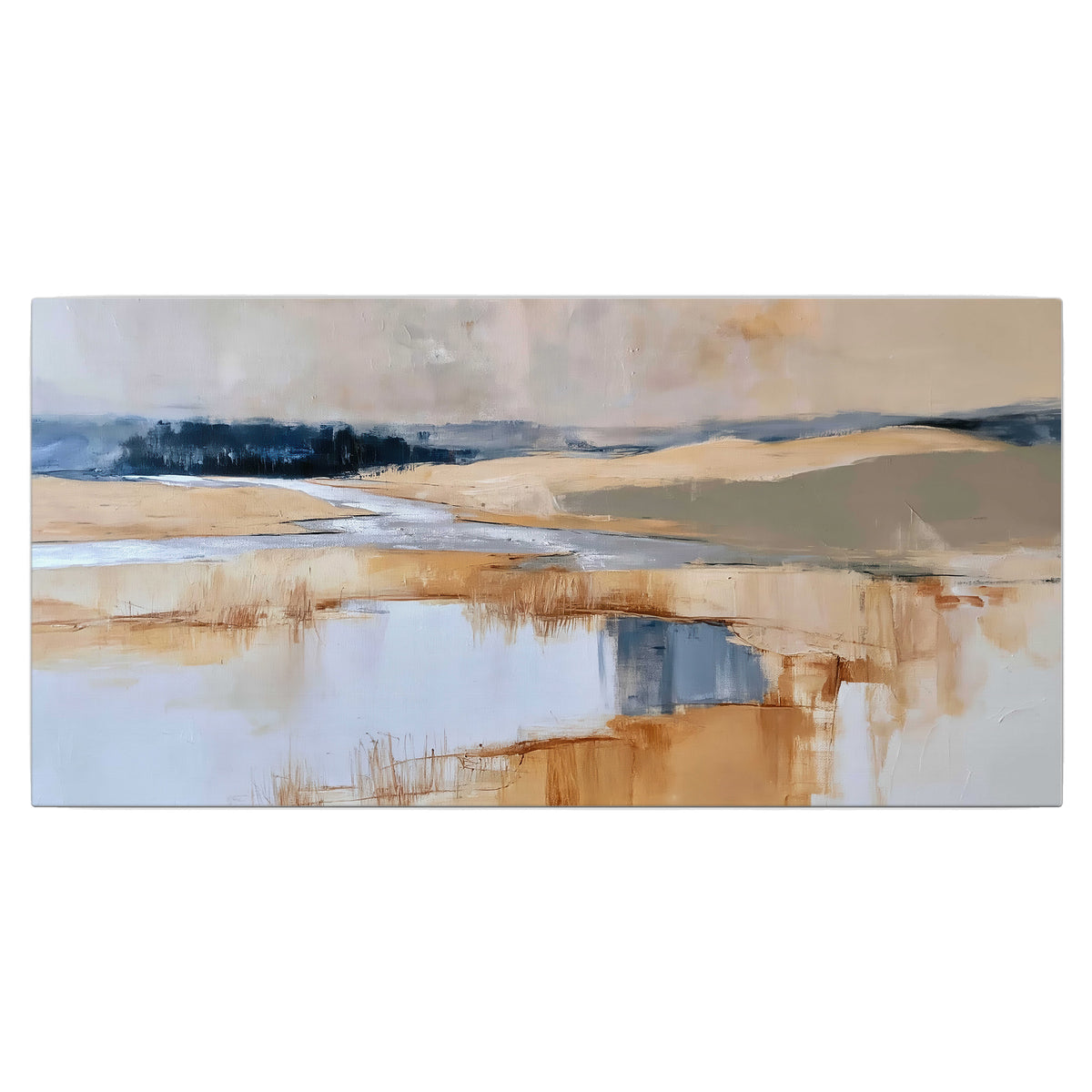 Soft horizontal bands of blue, ochre and ivory suggesting a reflected marsh landscape single canvas wall art viewed straight on