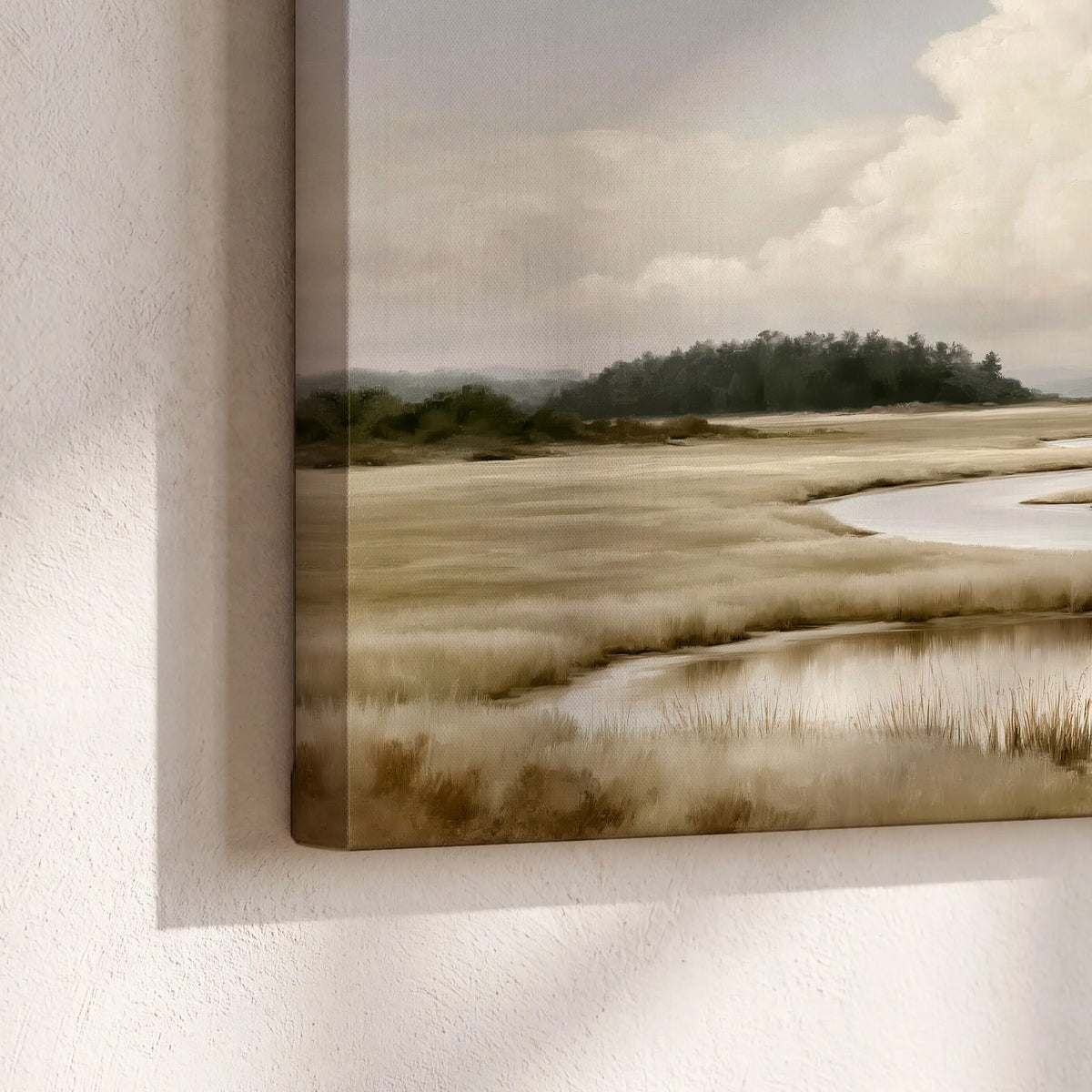 A pale winding waterway crossing quiet wetlands beneath billowing white clouds 3 piece canvas wall art material and edge close up