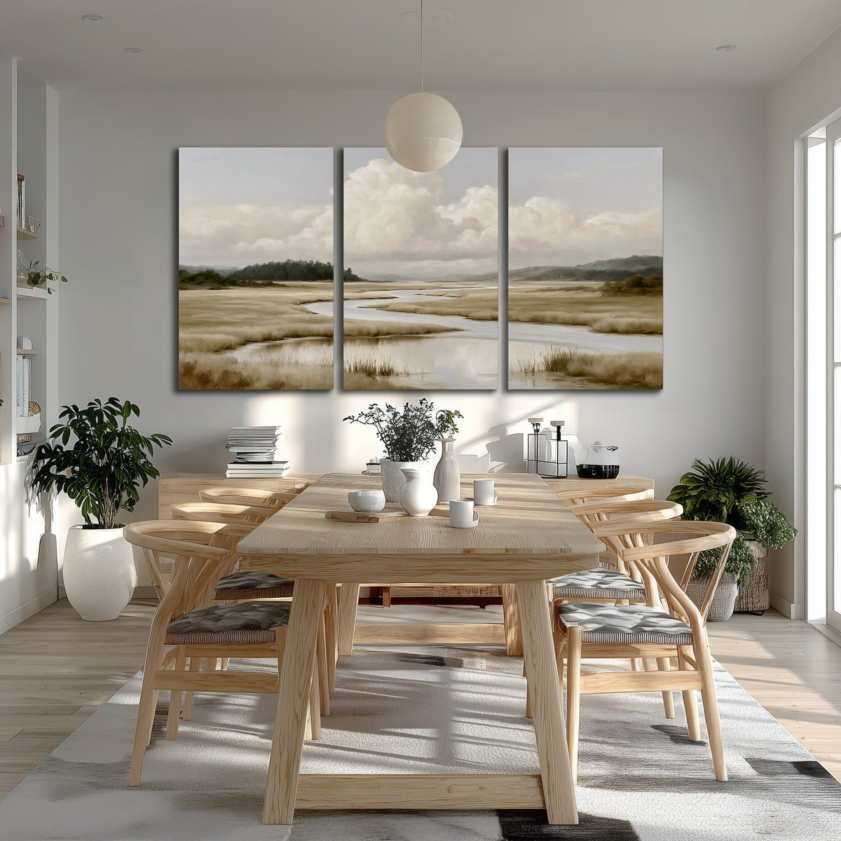 A pale winding waterway crossing quiet wetlands beneath billowing white clouds 3 piece canvas wall art room and product view