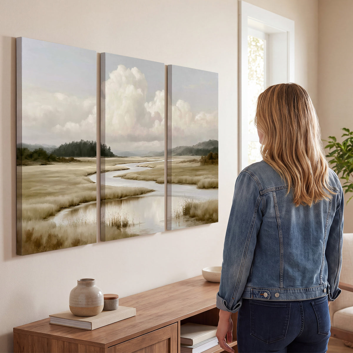 A pale winding waterway crossing quiet wetlands beneath billowing white clouds 3 piece canvas wall art three panel arrangement on a wall