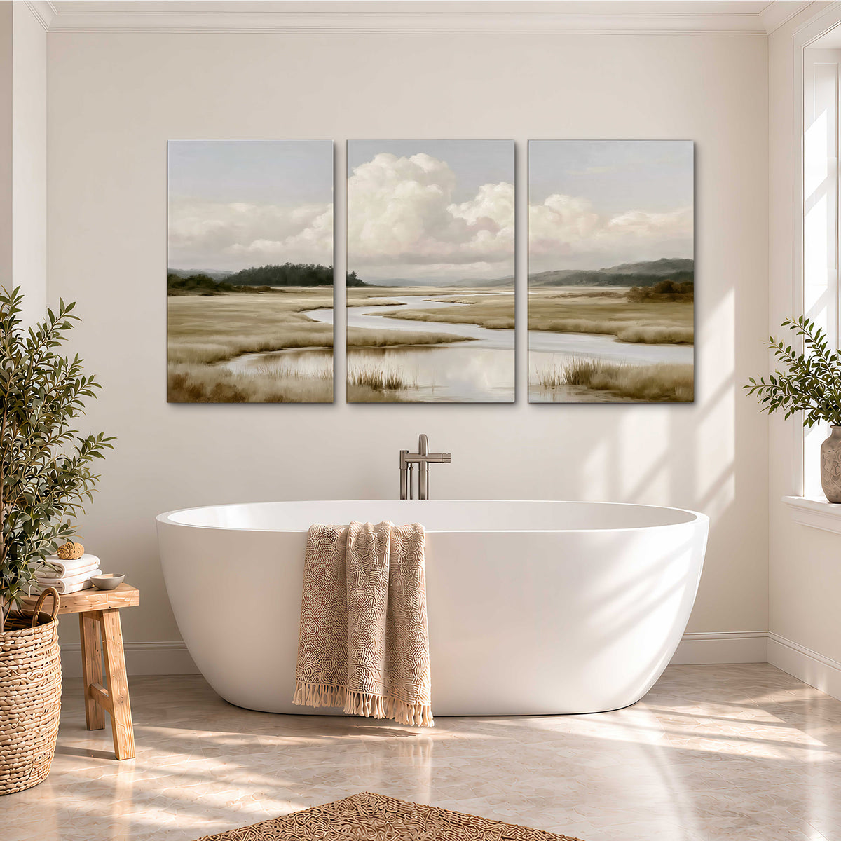 A pale winding waterway crossing quiet wetlands beneath billowing white clouds 3 piece canvas wall art styled in an interior