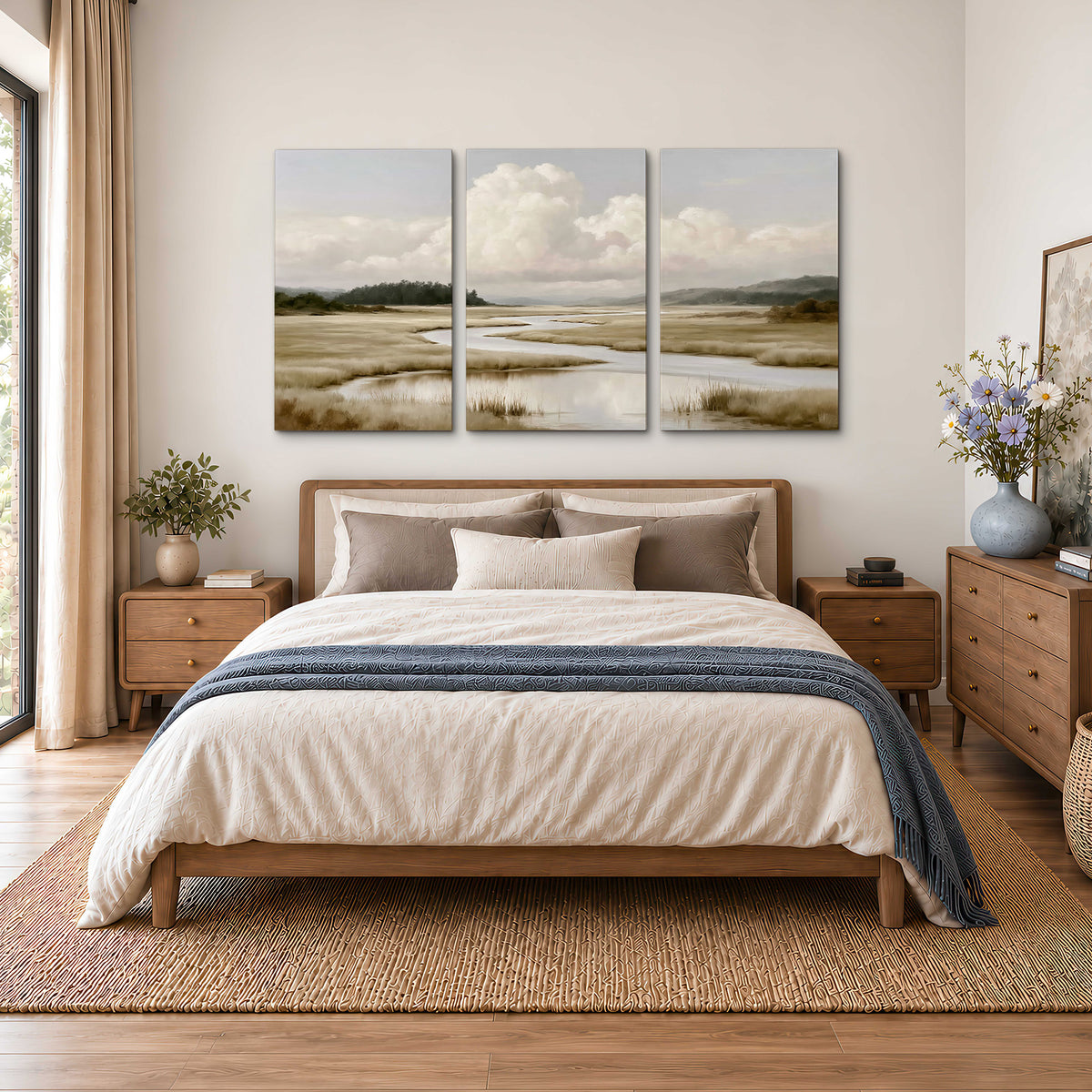 A pale winding waterway crossing quiet wetlands beneath billowing white clouds 3 piece canvas wall art styled in an interior