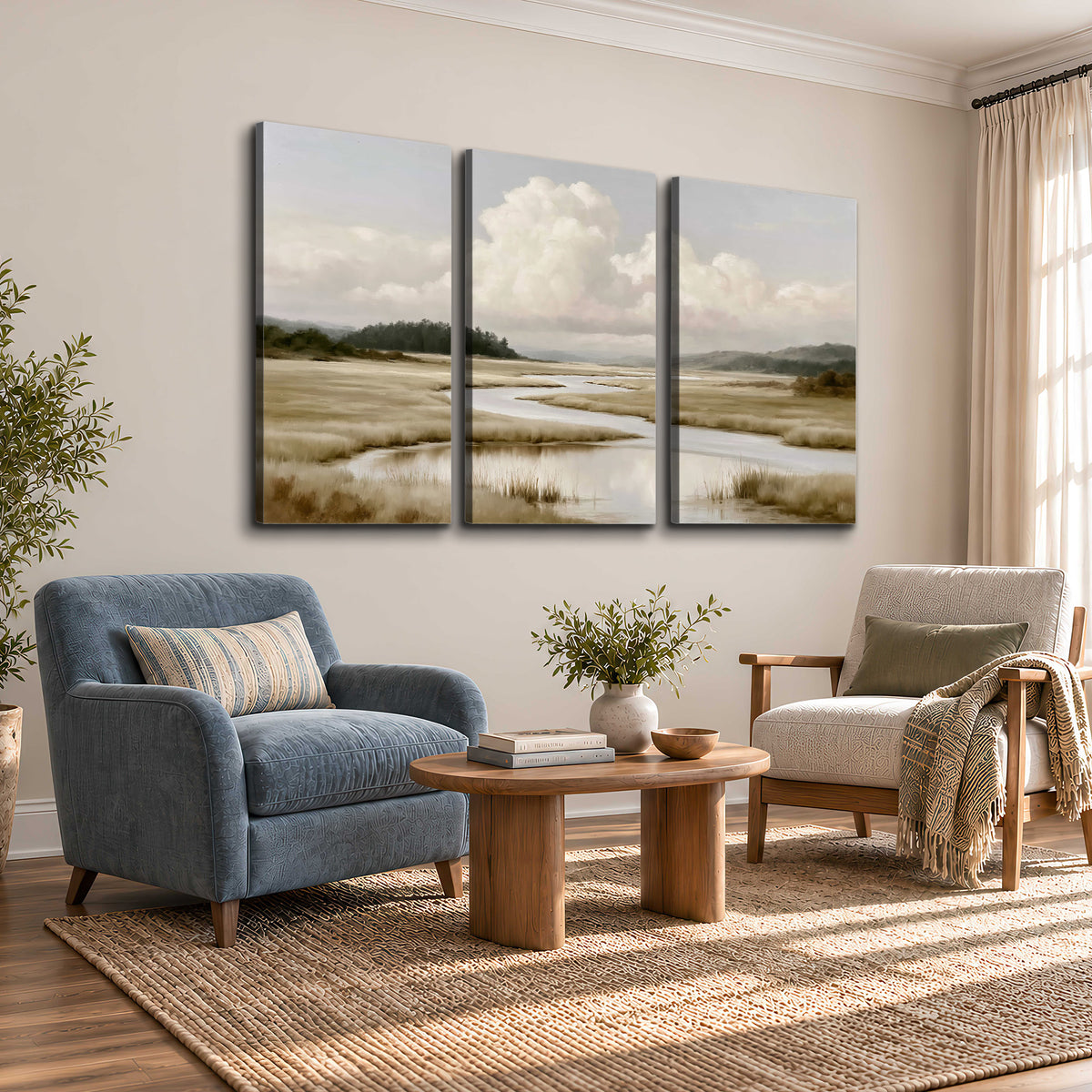 A pale winding waterway crossing quiet wetlands beneath billowing white clouds 3 piece canvas wall art styled in an interior