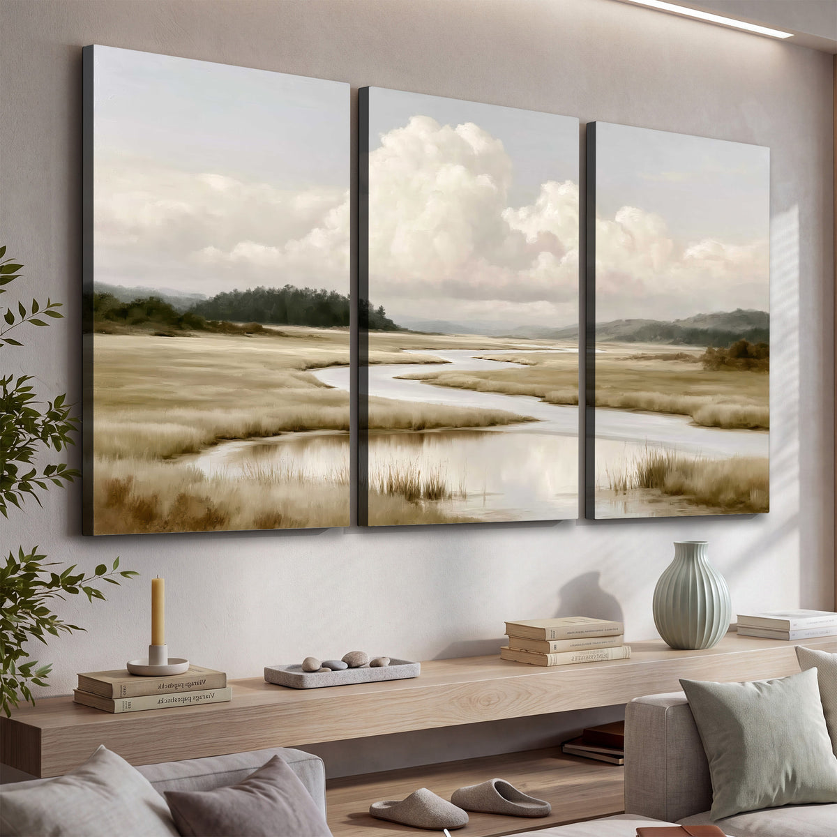 A pale winding waterway crossing quiet wetlands beneath billowing white clouds 3 piece canvas wall art displayed in a console