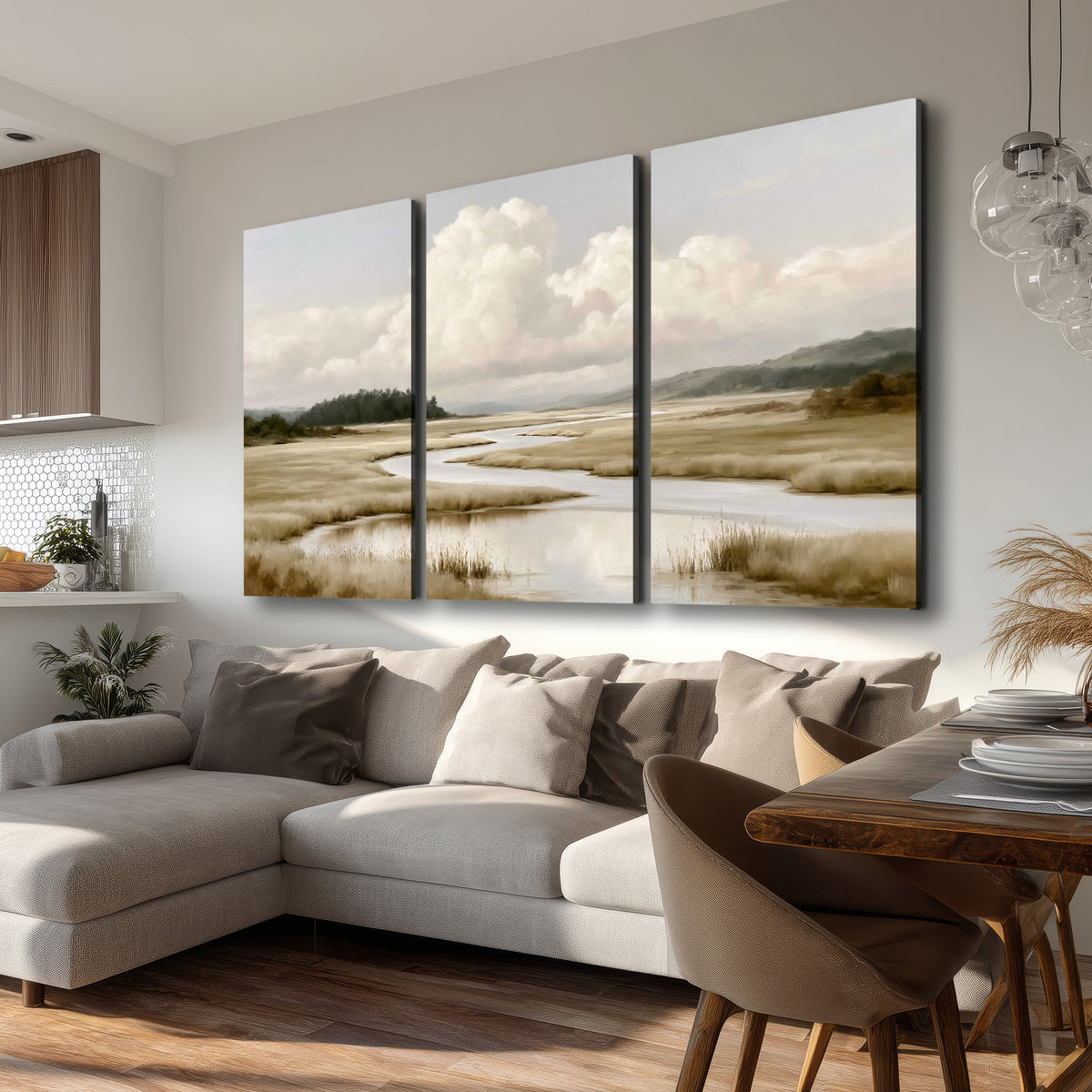 A pale winding waterway crossing quiet wetlands beneath billowing white clouds 3 piece canvas wall art room and product view