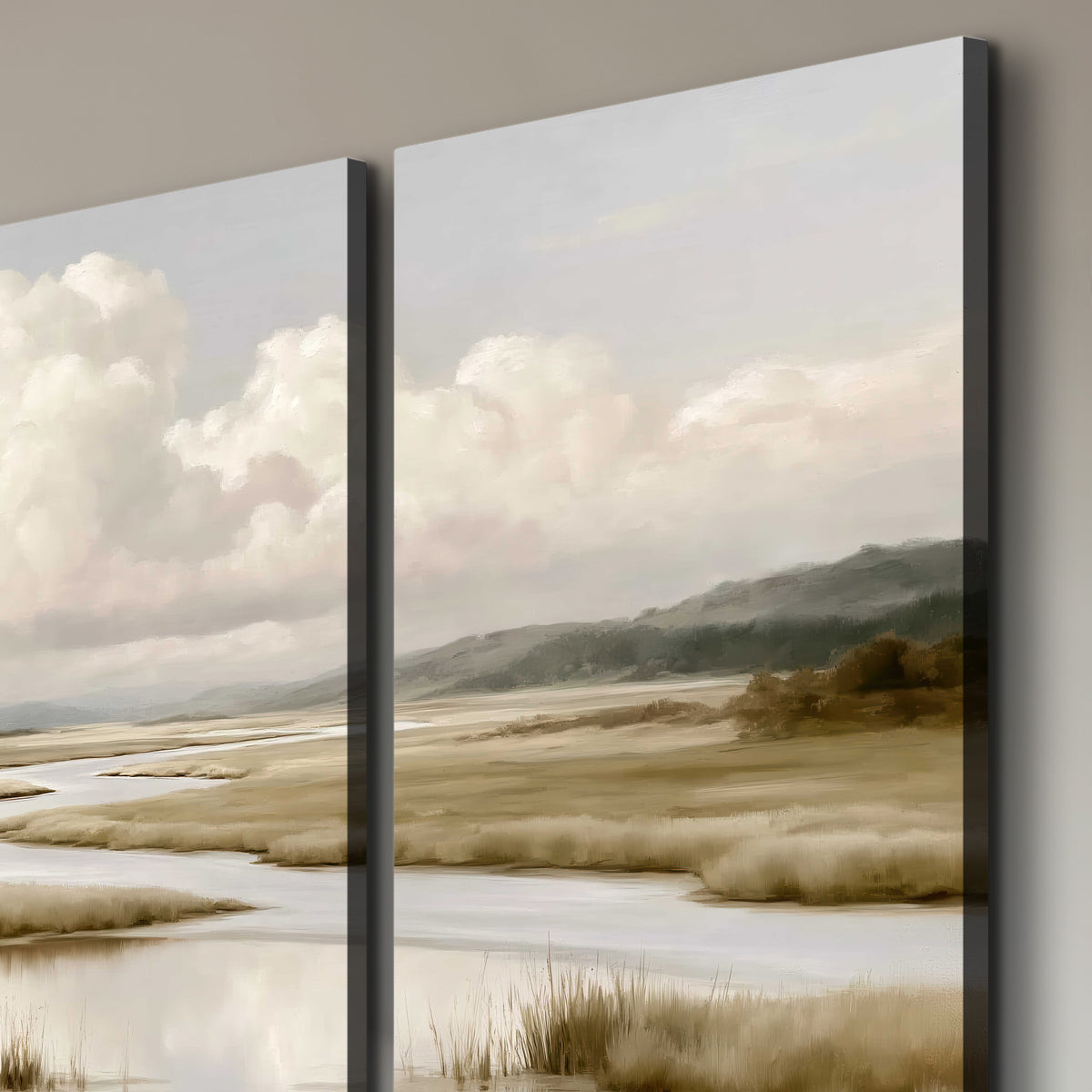 A pale winding waterway crossing quiet wetlands beneath billowing white clouds 3 piece canvas wall art room and product view
