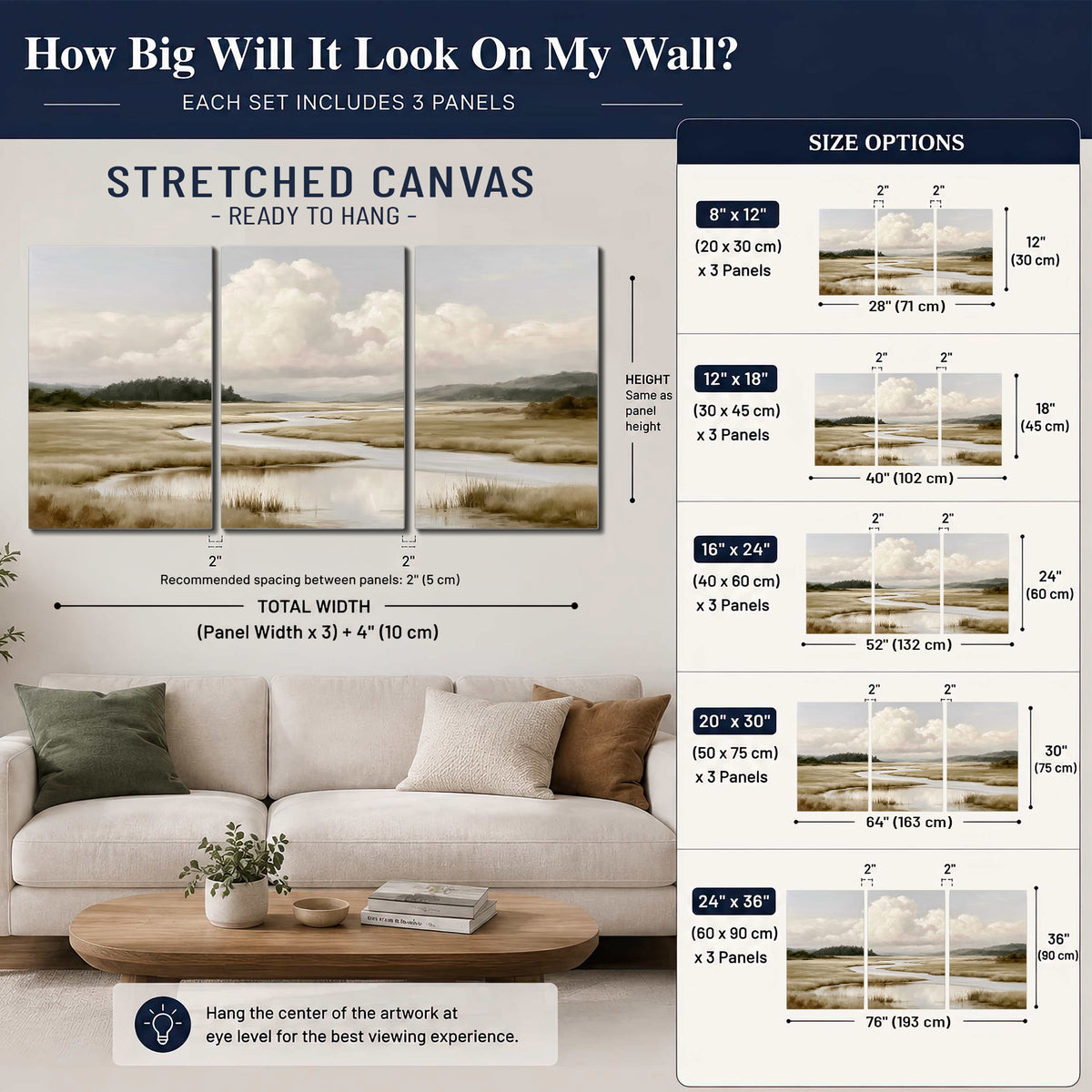 A pale winding waterway crossing quiet wetlands beneath billowing white clouds 3 piece canvas wall art size guide above a sofa; room view is illustrative