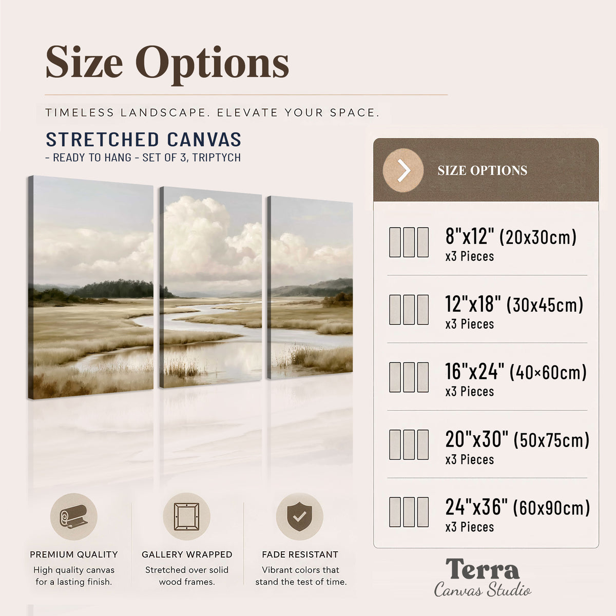 A pale winding waterway crossing quiet wetlands beneath billowing white clouds 3 piece canvas wall art available dimensions; triptych dimensions are per panel