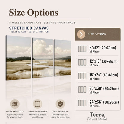 A pale winding waterway crossing quiet wetlands beneath billowing white clouds 3 piece canvas wall art available dimensions; triptych dimensions are per panel