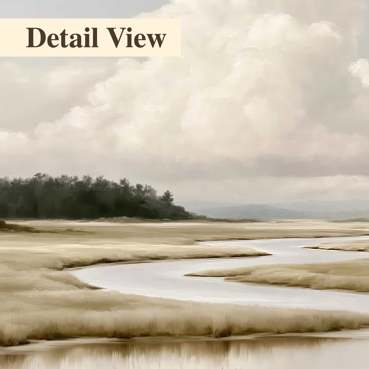 A pale winding waterway crossing quiet wetlands beneath billowing white clouds 3 piece canvas wall art artwork detail close up