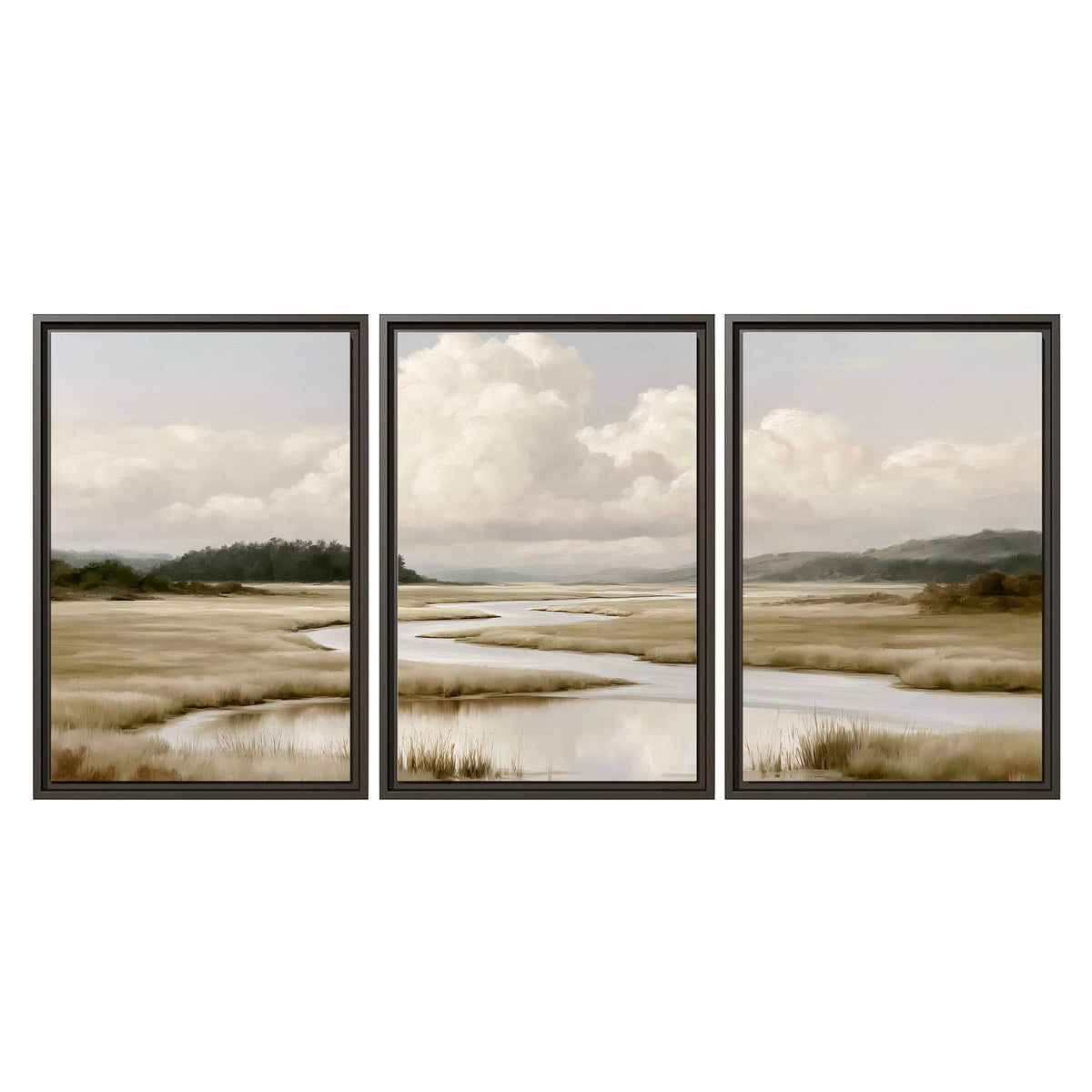A pale winding waterway crossing quiet wetlands beneath billowing white clouds 3 piece framed canvas wall art viewed straight on