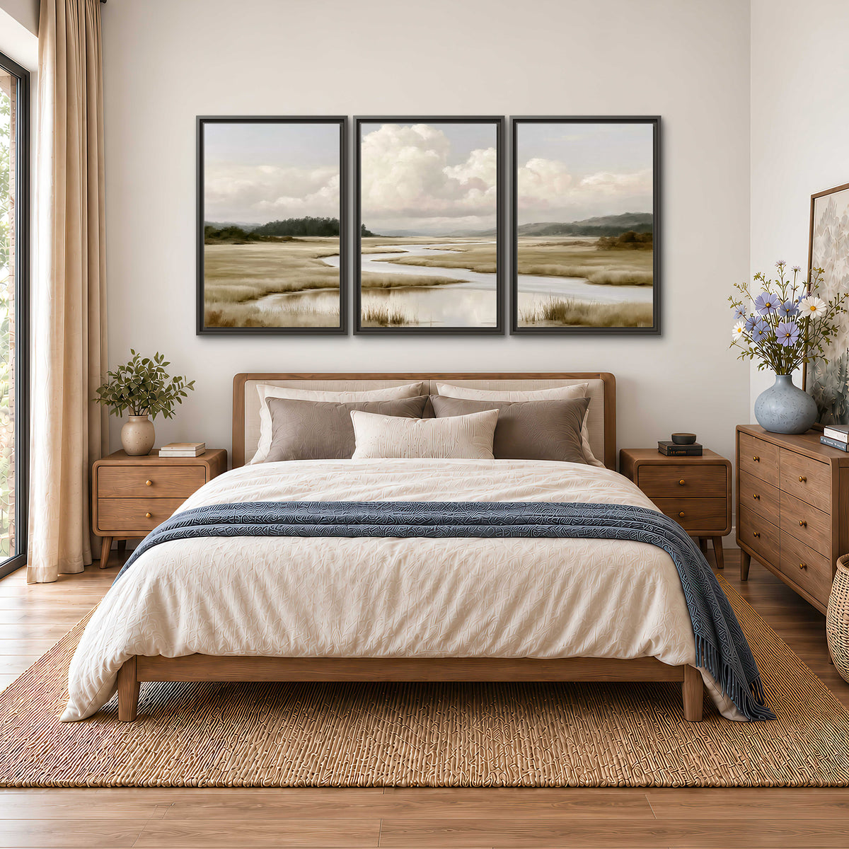A pale winding waterway crossing quiet wetlands beneath billowing white clouds 3 piece framed canvas wall art styled in an interior