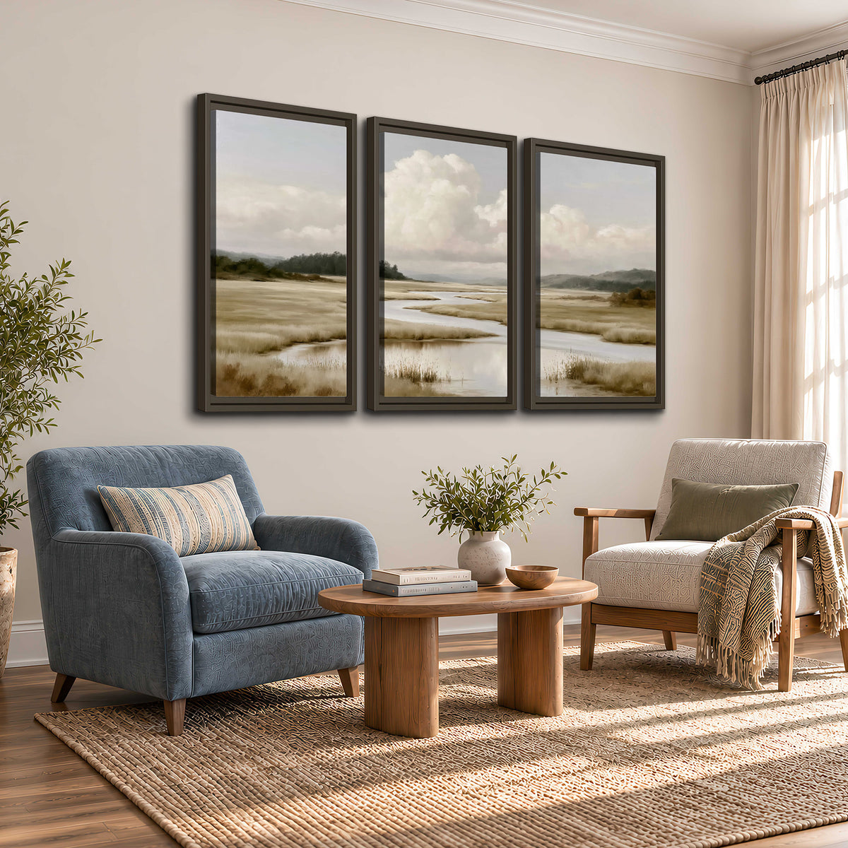 A pale winding waterway crossing quiet wetlands beneath billowing white clouds 3 piece framed canvas wall art styled in an interior