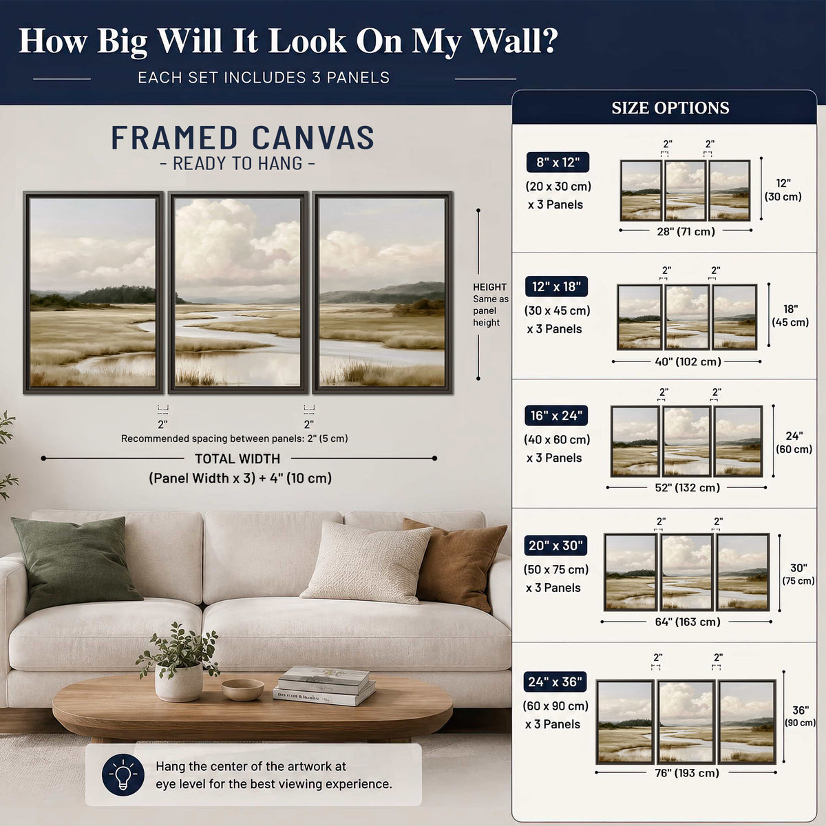 A pale winding waterway crossing quiet wetlands beneath billowing white clouds 3 piece framed canvas wall art size guide above a sofa; room view is illustrative