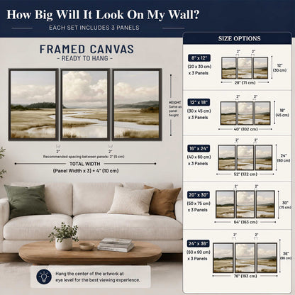 A pale winding waterway crossing quiet wetlands beneath billowing white clouds 3 piece framed canvas wall art size guide above a sofa; room view is illustrative