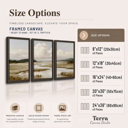 A pale winding waterway crossing quiet wetlands beneath billowing white clouds 3 piece framed canvas wall art available dimensions; triptych dimensions are per panel