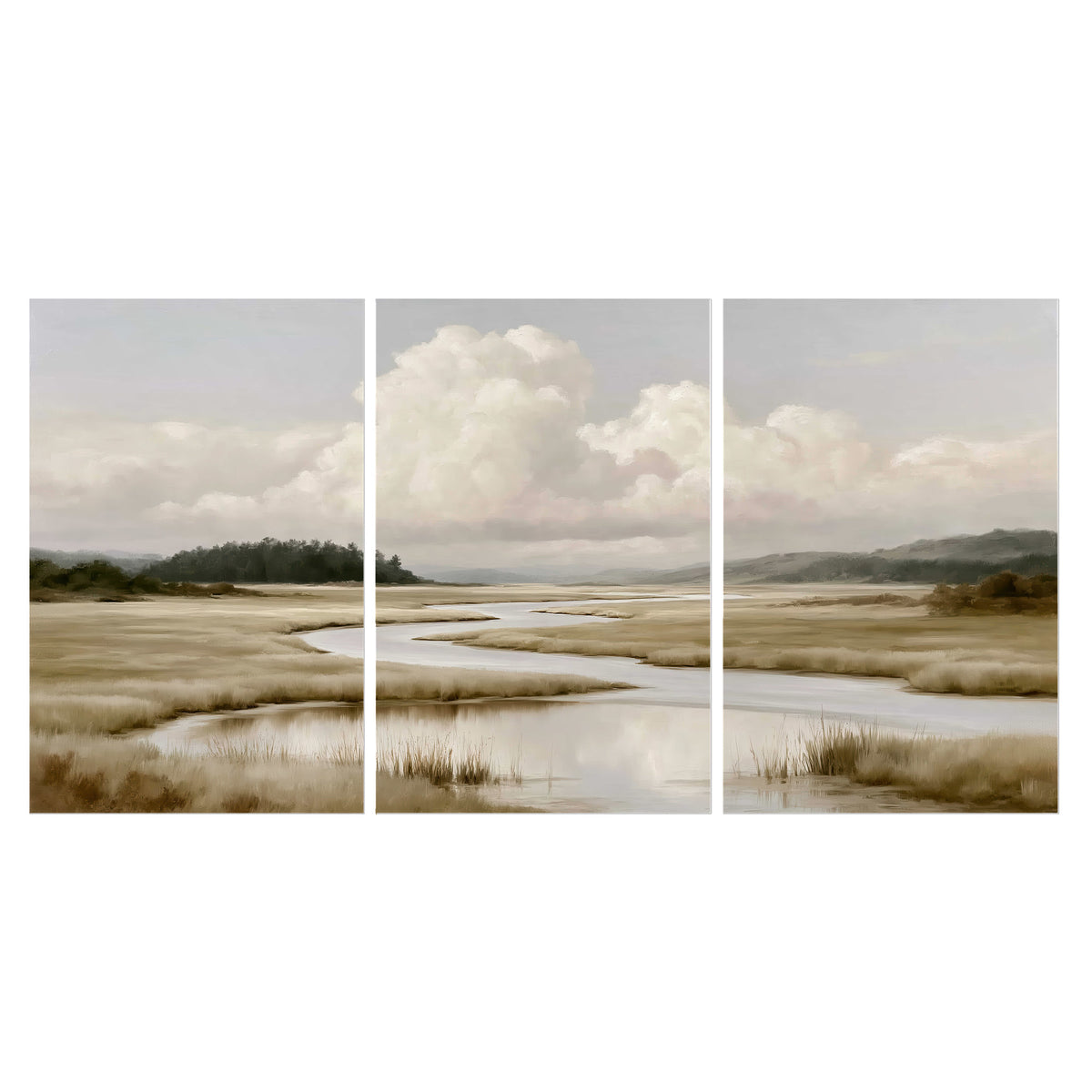 A pale winding waterway crossing quiet wetlands beneath billowing white clouds set of 3 poster prints viewed straight on