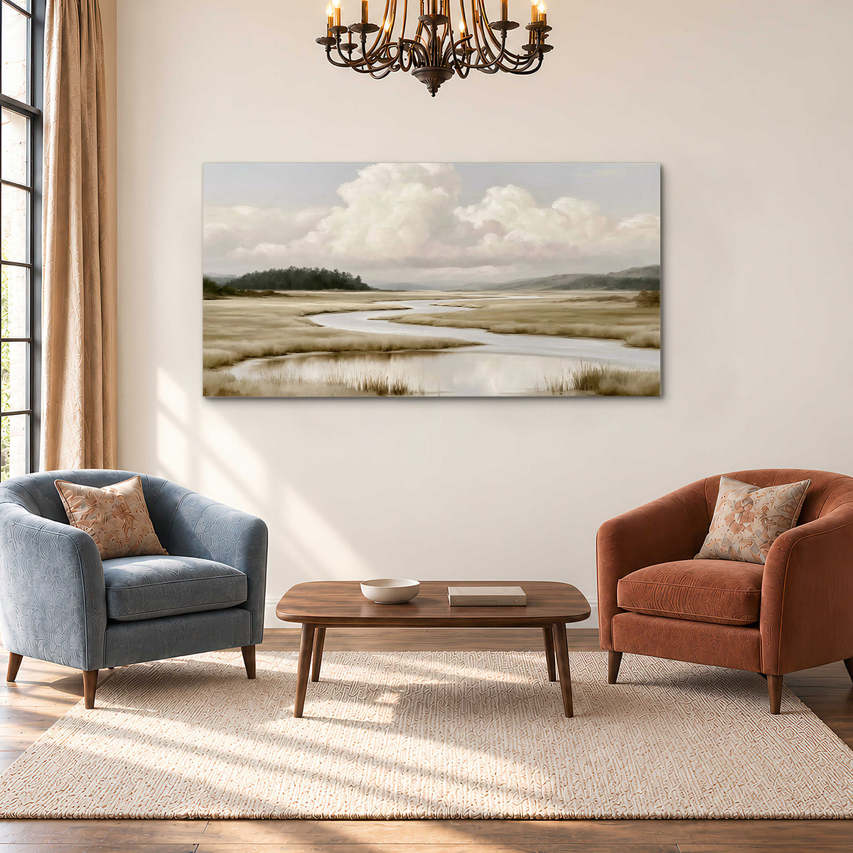 A pale winding waterway crossing quiet wetlands beneath billowing white clouds single canvas wall art styled in an interior