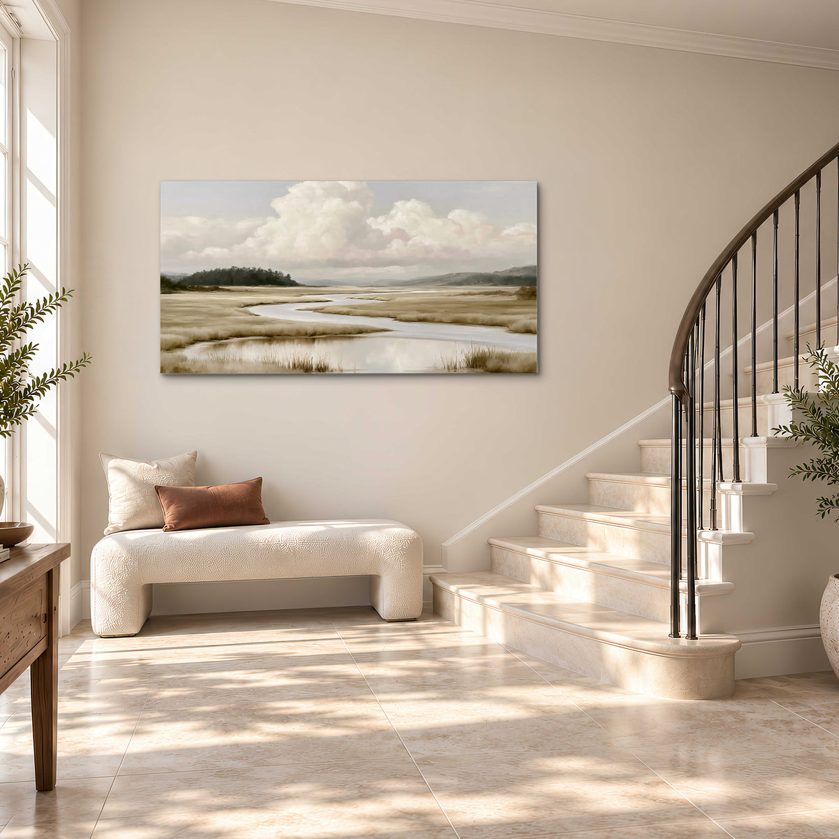 A pale winding waterway crossing quiet wetlands beneath billowing white clouds single canvas wall art styled in an interior
