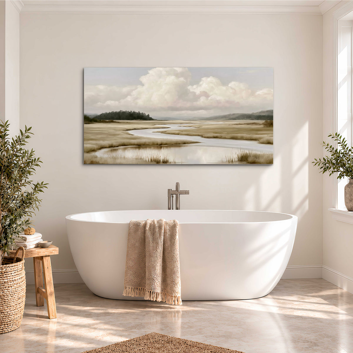 A pale winding waterway crossing quiet wetlands beneath billowing white clouds single canvas wall art styled in an interior