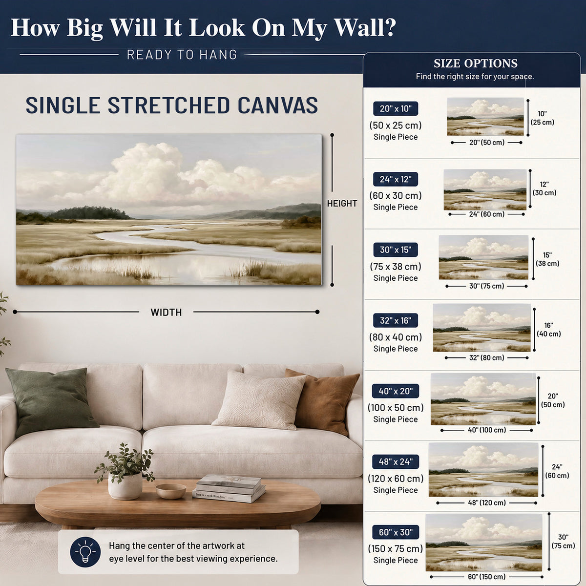 A pale winding waterway crossing quiet wetlands beneath billowing white clouds single canvas wall art size guide above a sofa; room view is illustrative