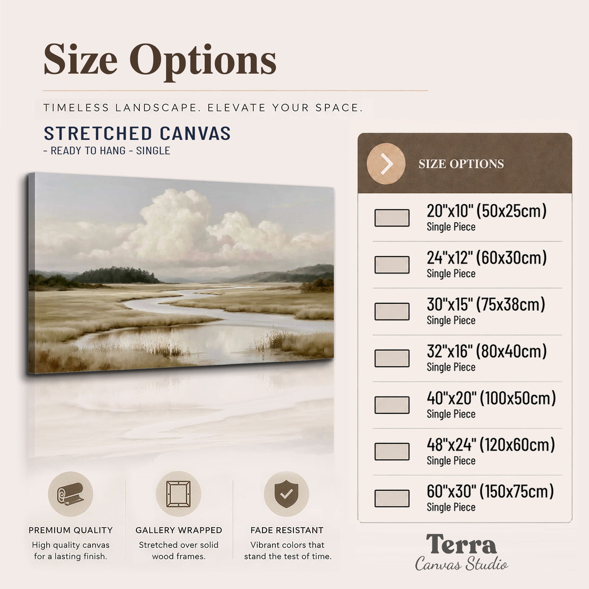 A pale winding waterway crossing quiet wetlands beneath billowing white clouds single canvas wall art available dimensions